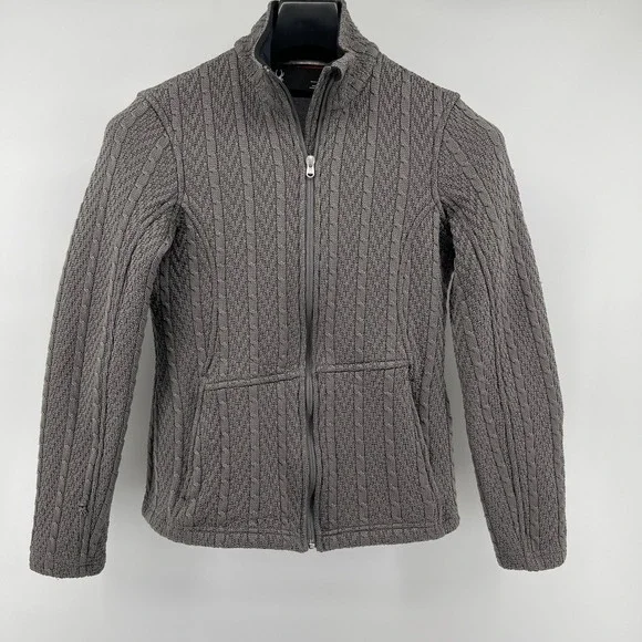 Spyder Cable Knit Sweater Jacket Women M Gray Fleece Lined Cabin Skiing Full Zip - Picture 1 of 13